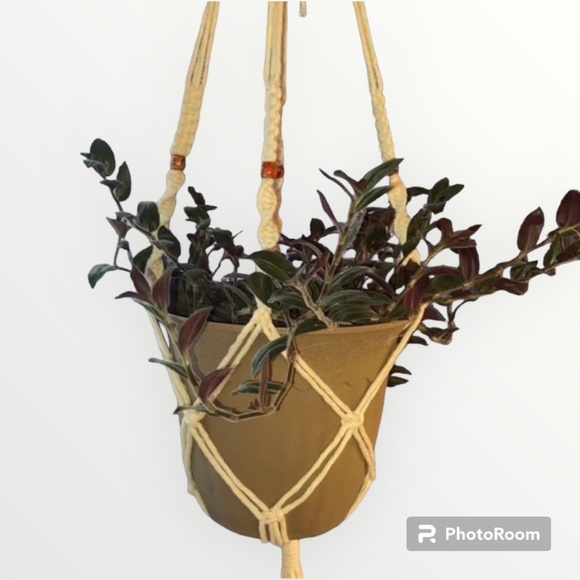 Custom Hand Crafted White Macrame Beaded Plant Hanger - Picture 4 of 13